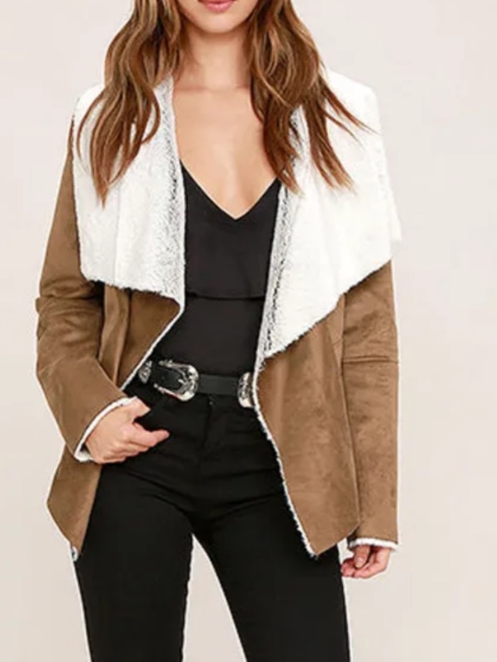 BB Dakota Brown Faux-Suede Teddy Jacket with Cream Shearling Collar
